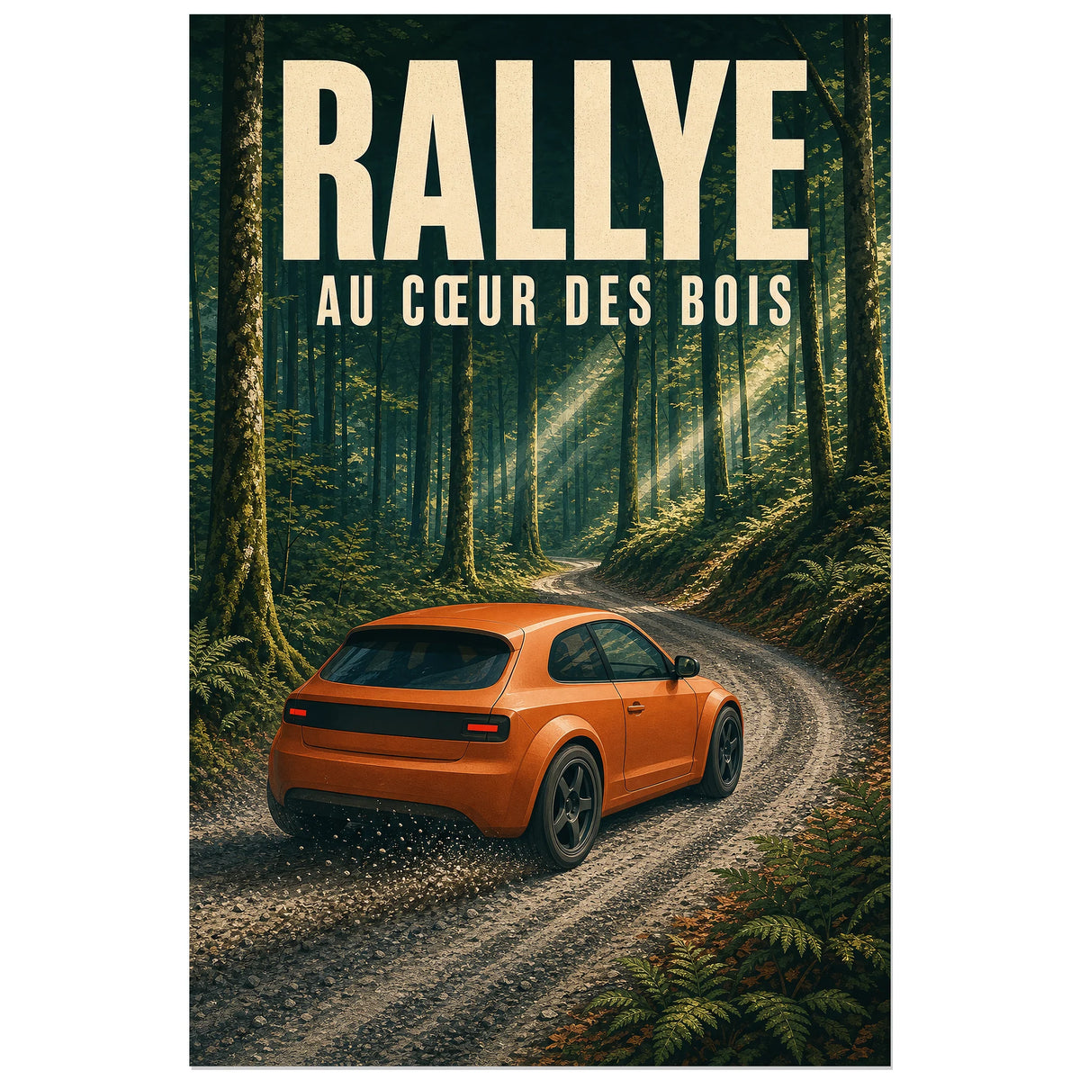 Affiche Rallye – Au cœur des bois, illustration sportive rétro de rallye en forêt à texture imprimée légère verticale, format 60 × 90 cm