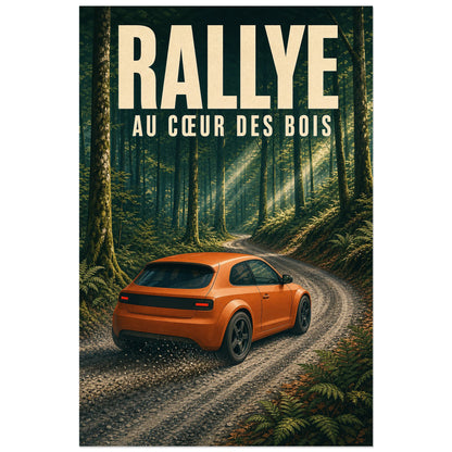 Affiche Rallye – Au cœur des bois, illustration sportive rétro de rallye en forêt à texture imprimée légère verticale, format 60 × 90 cm