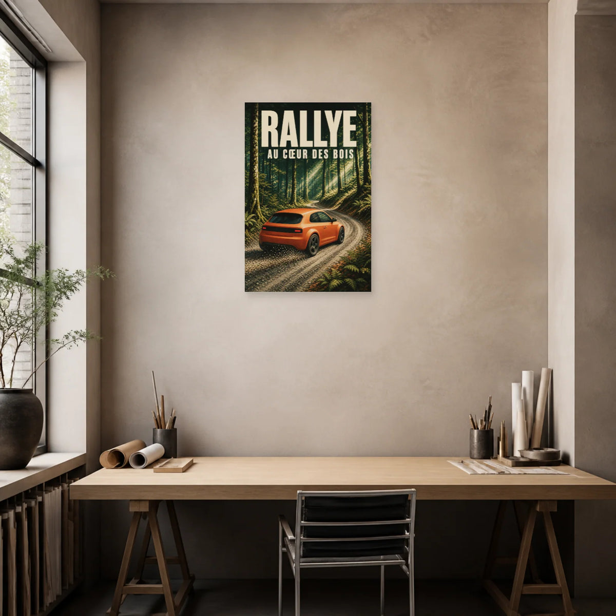 Affiche Rallye – Au cœur des bois dans un bureau - Art Virtuoso