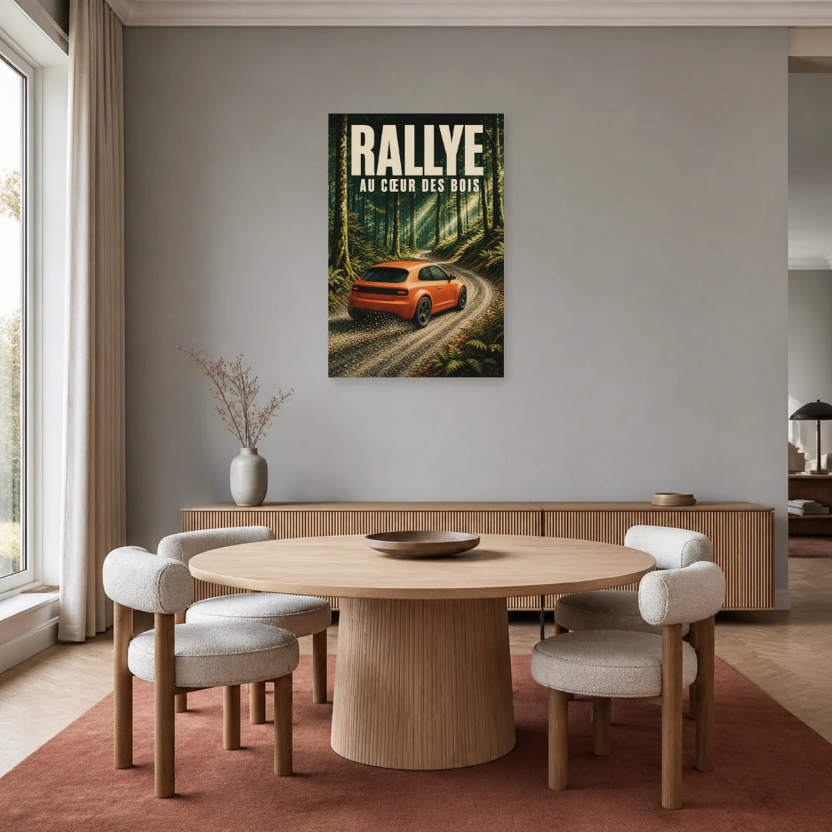 Affiche Rallye – Au cœur des bois dans une salle à manger - Art Virtuoso