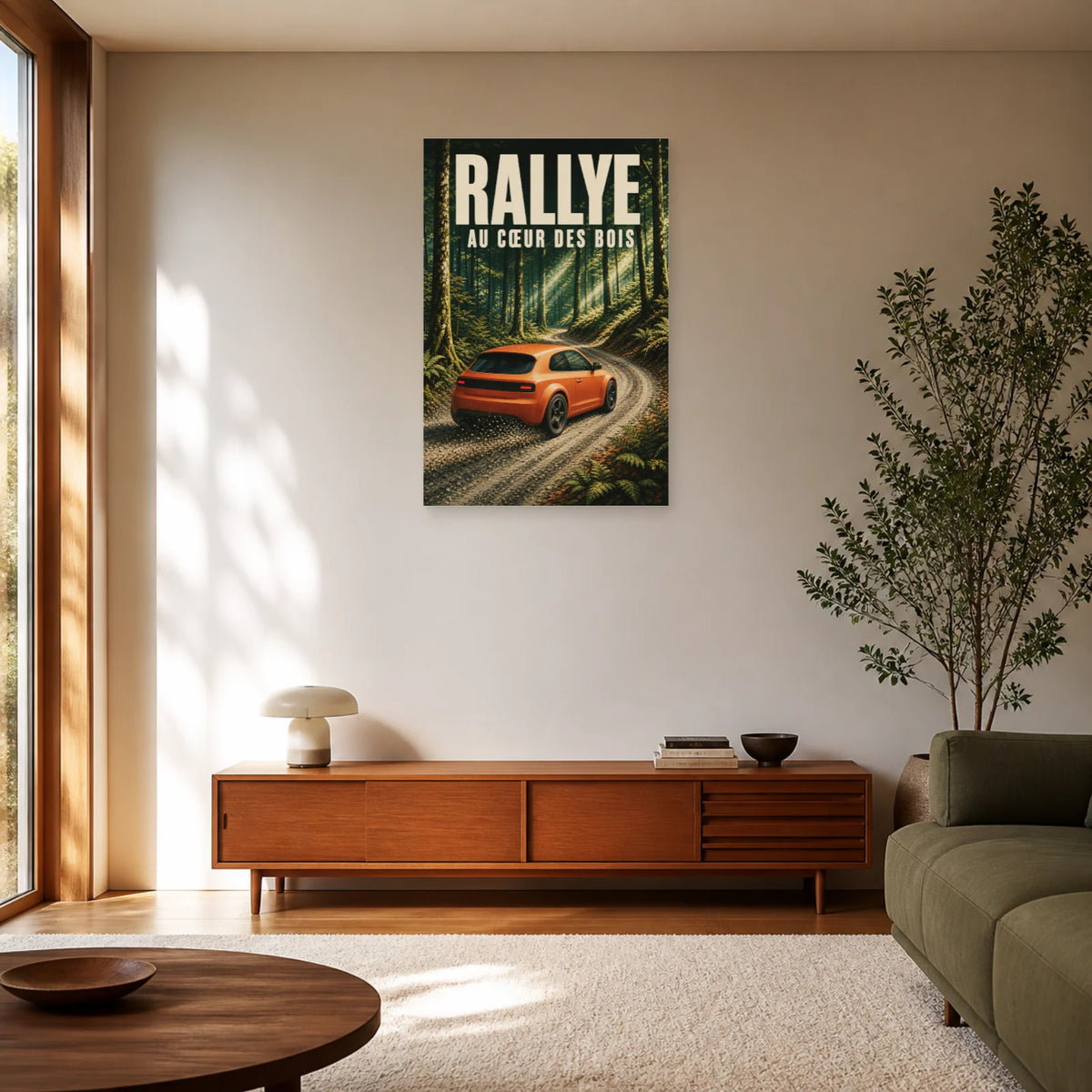 Affiche Rallye – Au cœur des bois dans un salon - Art Virtuoso