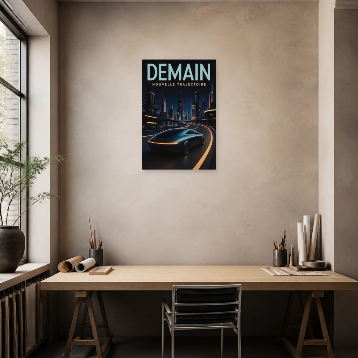 Affiche Voiture futuriste – Demain dans un bureau - Art Virtuoso