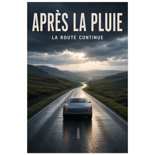 Affiche Après la pluie – La route continue, photographie automobile cinématographique dans un paysage après la pluie verticale, format 30 × 45 cm