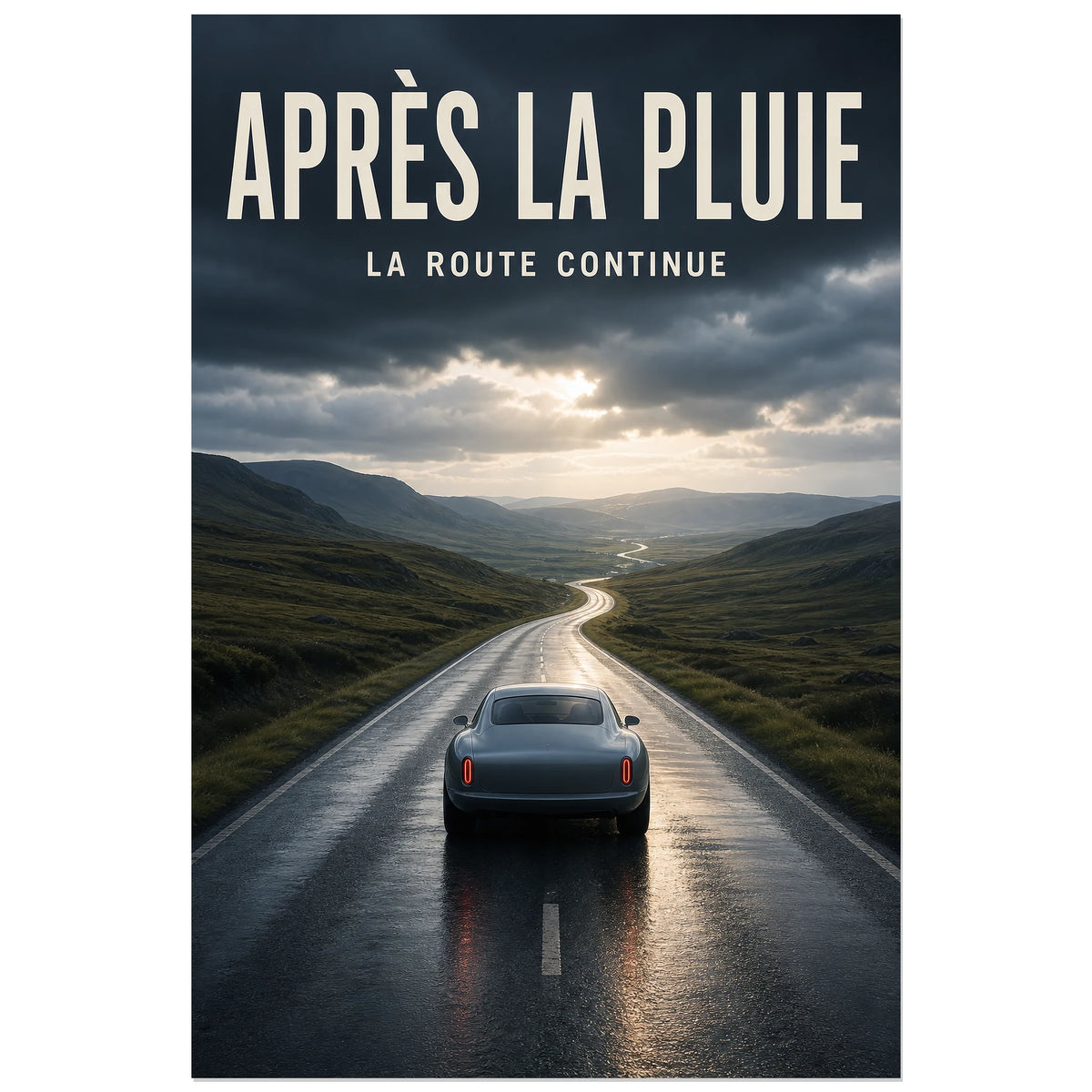 Affiche Après la pluie – La route continue, photographie automobile cinématographique dans un paysage après la pluie verticale, format 40 × 60 cm