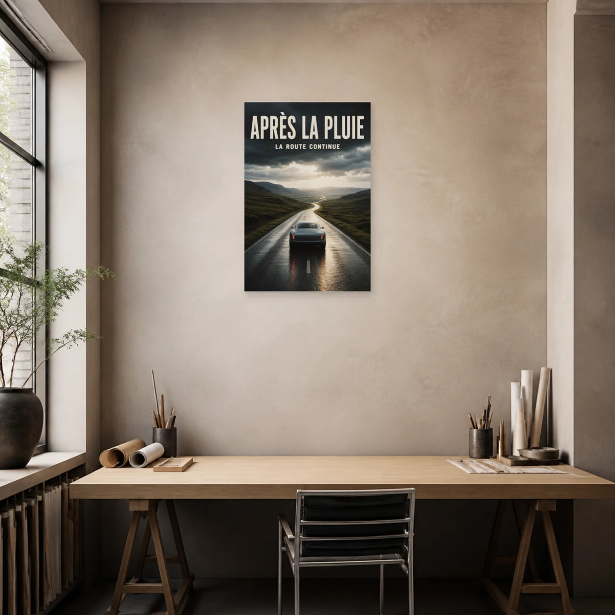 Affiche Voiture sous la pluie – La route continue dans un bureau - Art Virtuoso