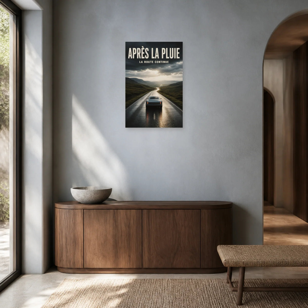 Affiche Voiture sous la pluie – La route continue dans une entrée ou un couloir - Art Virtuoso