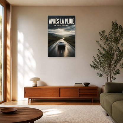 Affiche Voiture sous la pluie – La route continue dans un salon - Art Virtuoso