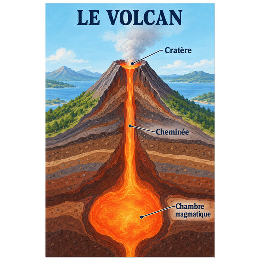 Coupe d'un volcan en éruption et chambre magmatique, affiche 30 × 45 cm