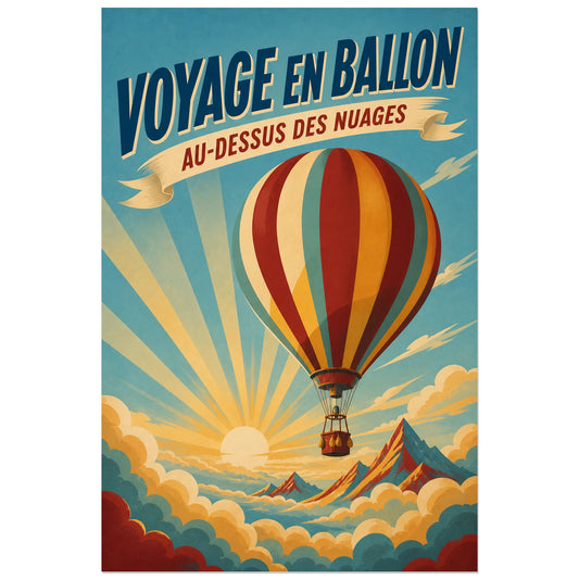 Affiche Voyage en Ballon – Au-dessus des Nuages, affiche de voyage aérien inspirée des années 1930 verticale, format 30 × 45 cm