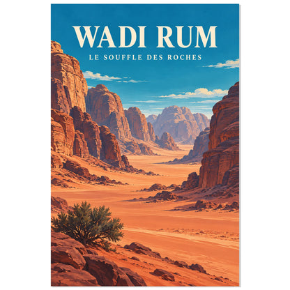 Affiche Wadi Rum – Montagnes de grès, illustration de voyage / paysage peint / inspiration vintage verticale, format 40 × 60 cm
