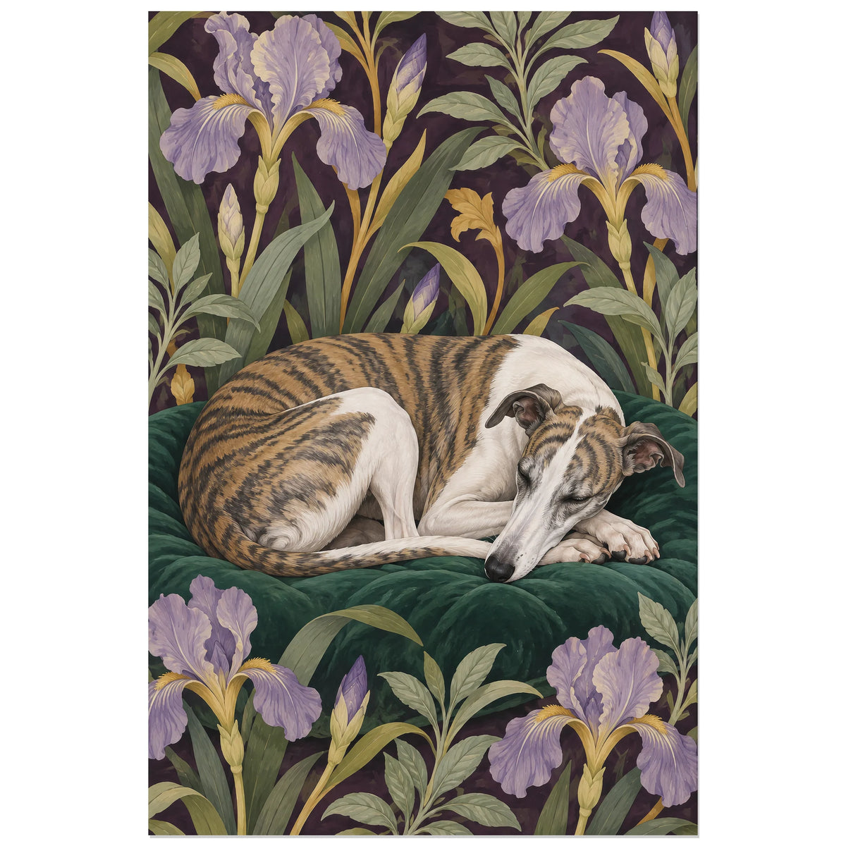 Affiche Whippet – Repos au jardin, peinture figurative / arts and crafts / motif botanique verticale, format 60 × 90 cm