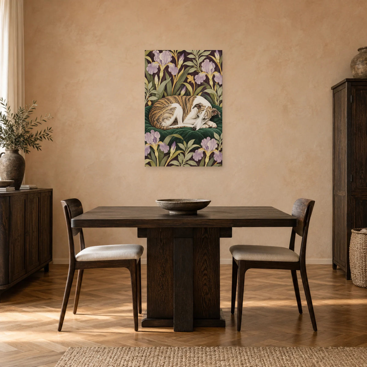 Affiche Whippet - Repos au jardin dans une salle à manger - Art Virtuoso