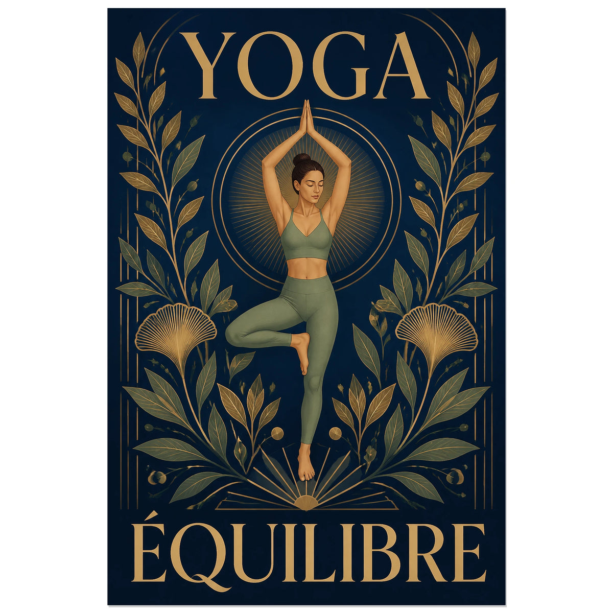 Posture de l'arbre sur fond bleu nuit et branches dorées, affiche 30 × 45 cm