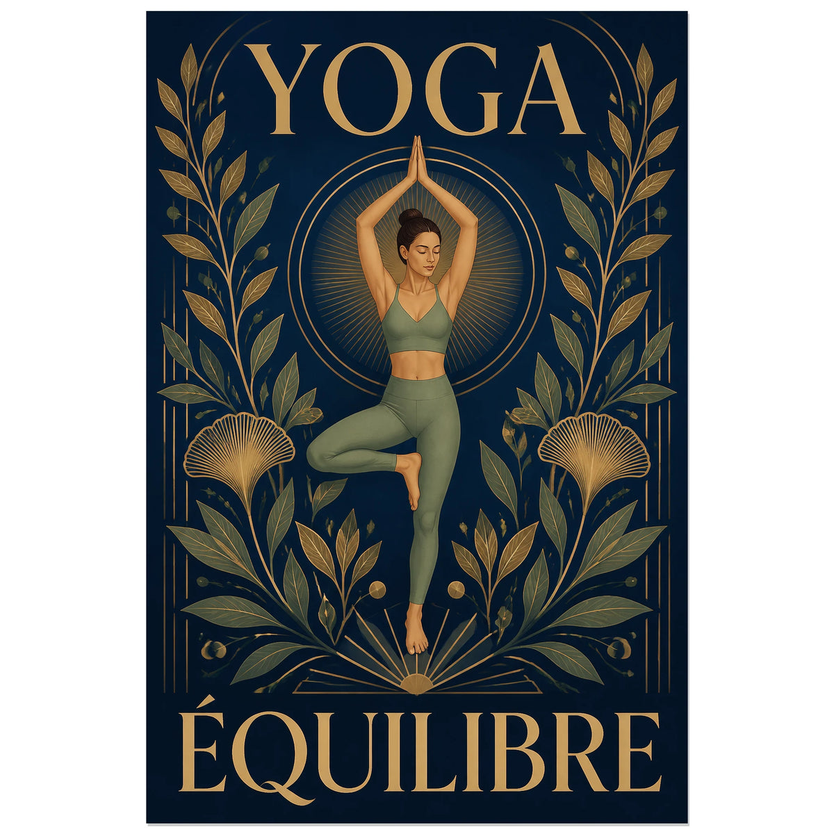 Affiche Yoga Équilibre 40 × 60 cm avec femme sous un halo rayonnant