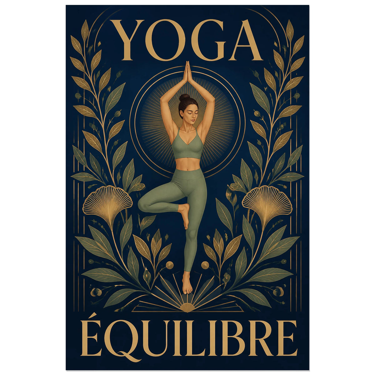 Femme sur une jambe entourée de feuillages symétriques, affiche 60 × 90 cm