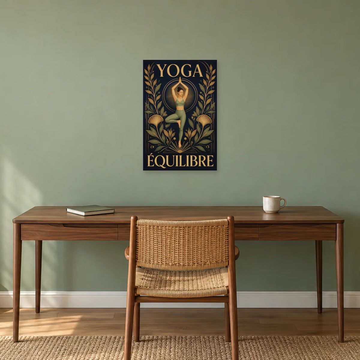 Affiche Yoga – Équilibre en posture de l’arbre dans un bureau - Art Virtuoso