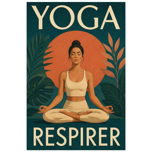 Femme en lotus entourée de feuilles sur fond bleu pétrole, affiche 30 × 45 cm