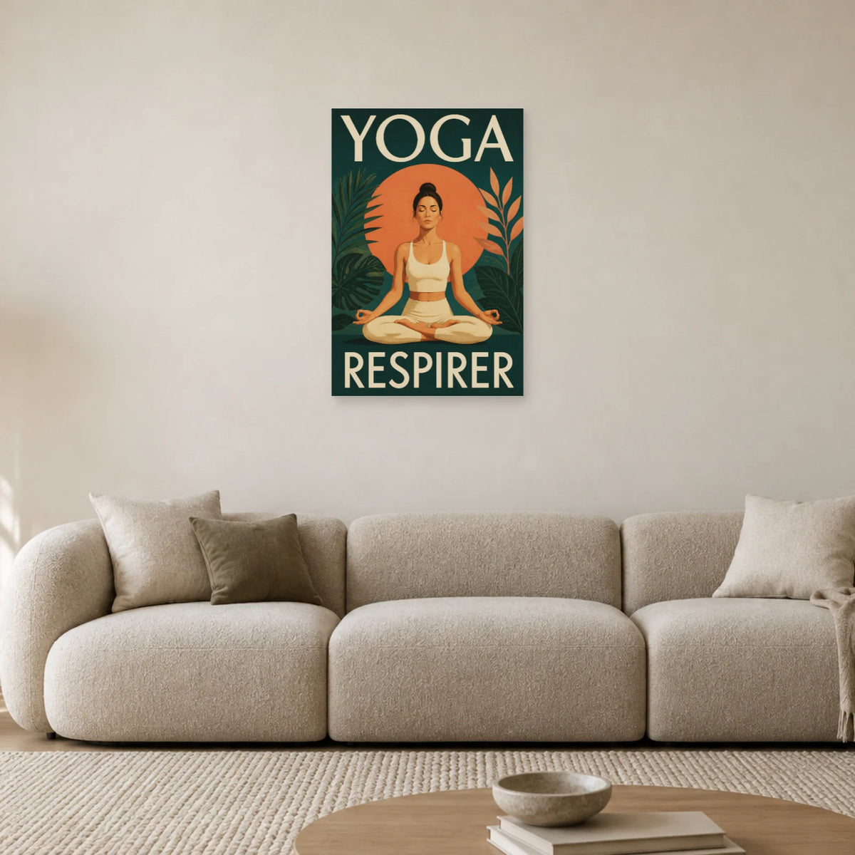 Affiche Yoga – Respirer en lotus dans un salon - Art Virtuoso