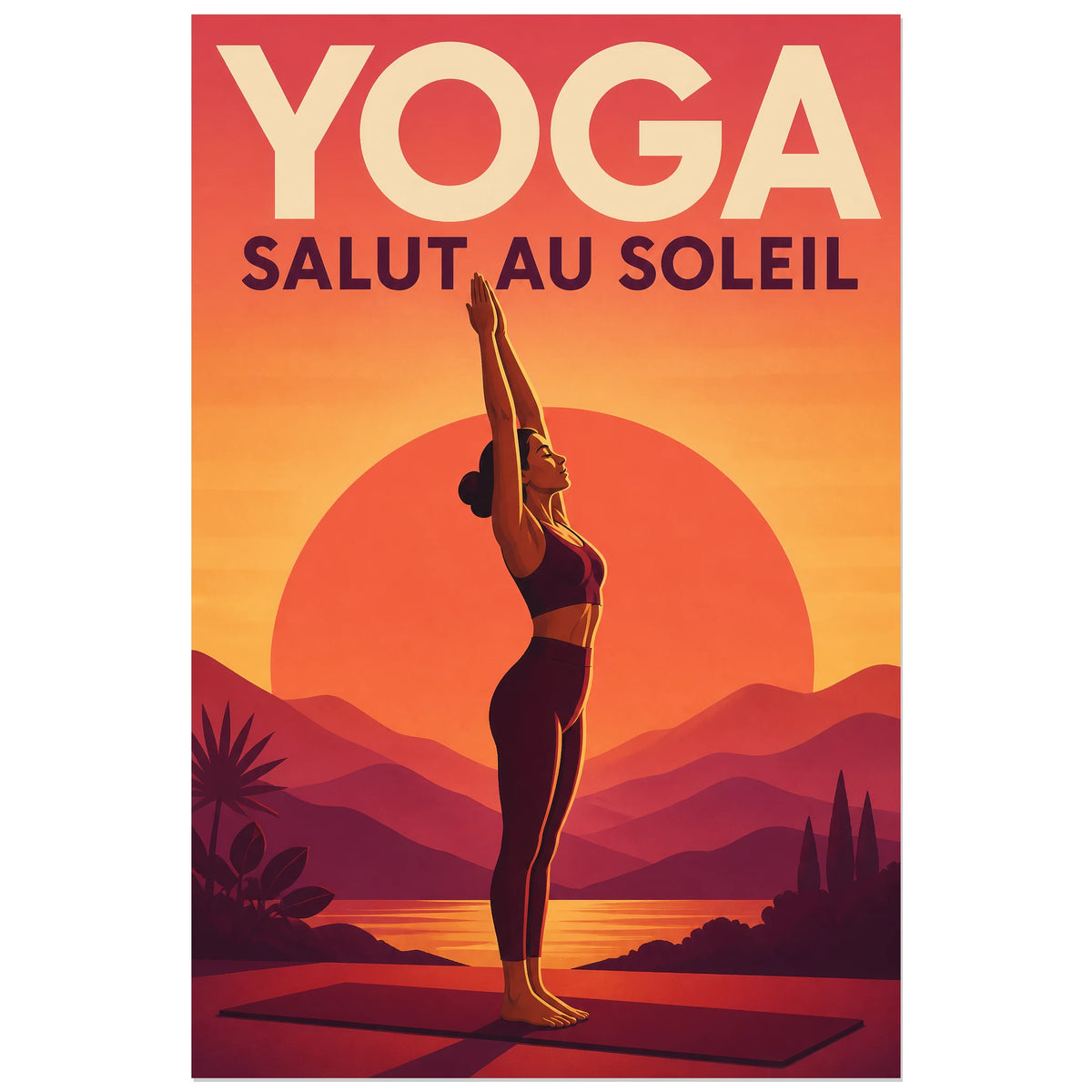 Posture de yoga debout face au soleil, affiche 30 × 45 cm