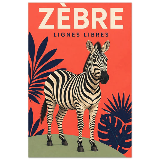 Affiche Zèbre – Lignes Libres, gouache contemporaine verticale, format 30 × 45 cm