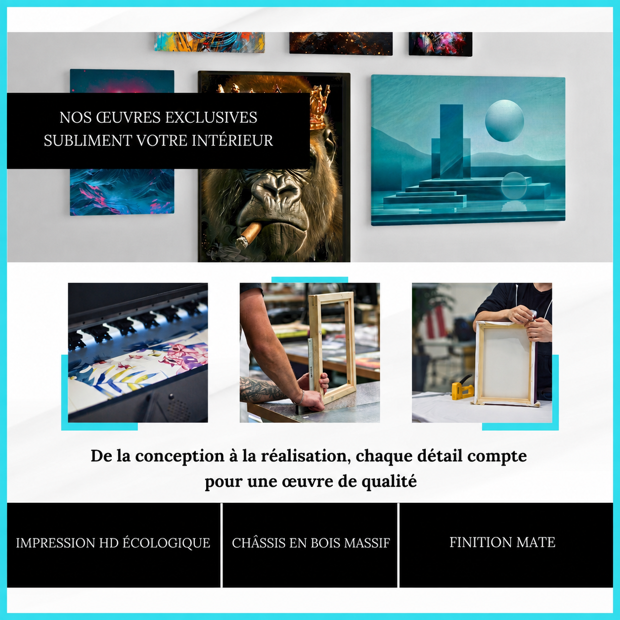 Impression éco-responsable sur toile, châssis en bois massif et finition mate.