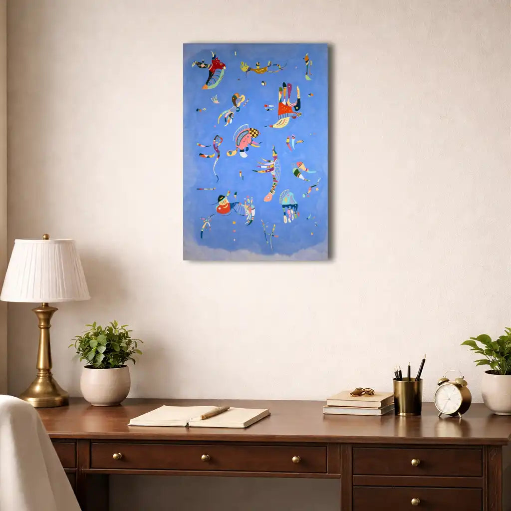 bleu libellule tableau abstrait sur toile, fond azur lumineux, formes organiques flottantes, zoom texture toile