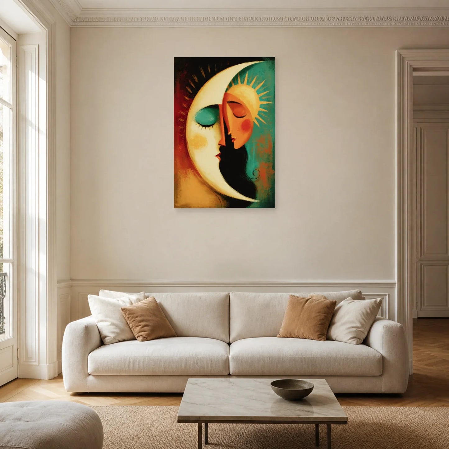 Cadre Bohème Lune Soleil dans un salon - Art Virtuoso