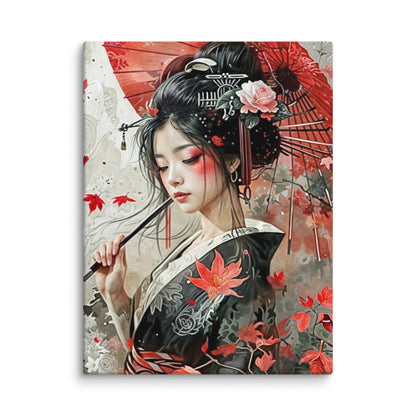 Tableau Peinture Geisha - Ombrelle Rouge et Beauté Japonaise  Art Virtuoso S  