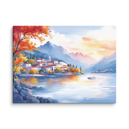 Peinture Aquarelle Murale – Village au Bord du Lac Affiches, reproductions et œuvres graphiques Art Virtuoso S