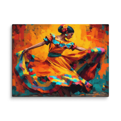 tableau danseuse mexicaine mouvement coloré moderne gros plan texture toile jaune orange turquoise