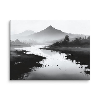 sumi e paysage rivière silencieuse et horizon contemplatif japonais toile noir et blanc zoom détail texture de la toile