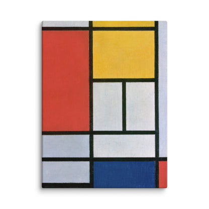 toile néoplasticisme détail texture canevas lignes noires blocs rouges jaune bleu blanc composition verticale