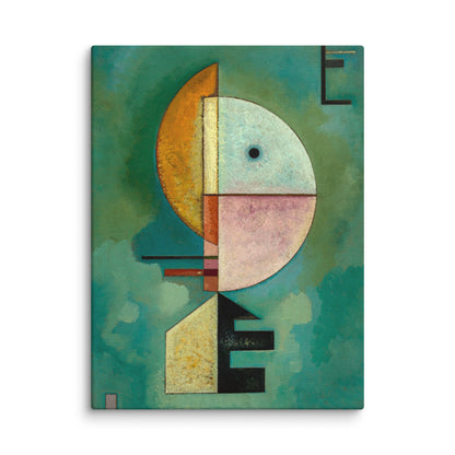 la haut toile abstraite vert profond, formes géométriques verticales, demi-cercles ocre et pastel, texture toile premium zoom