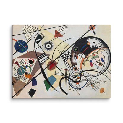 kandinsky toile abstrait lignes diagonales noires courbes formes géométriques touches colorées fond crème zoom texture