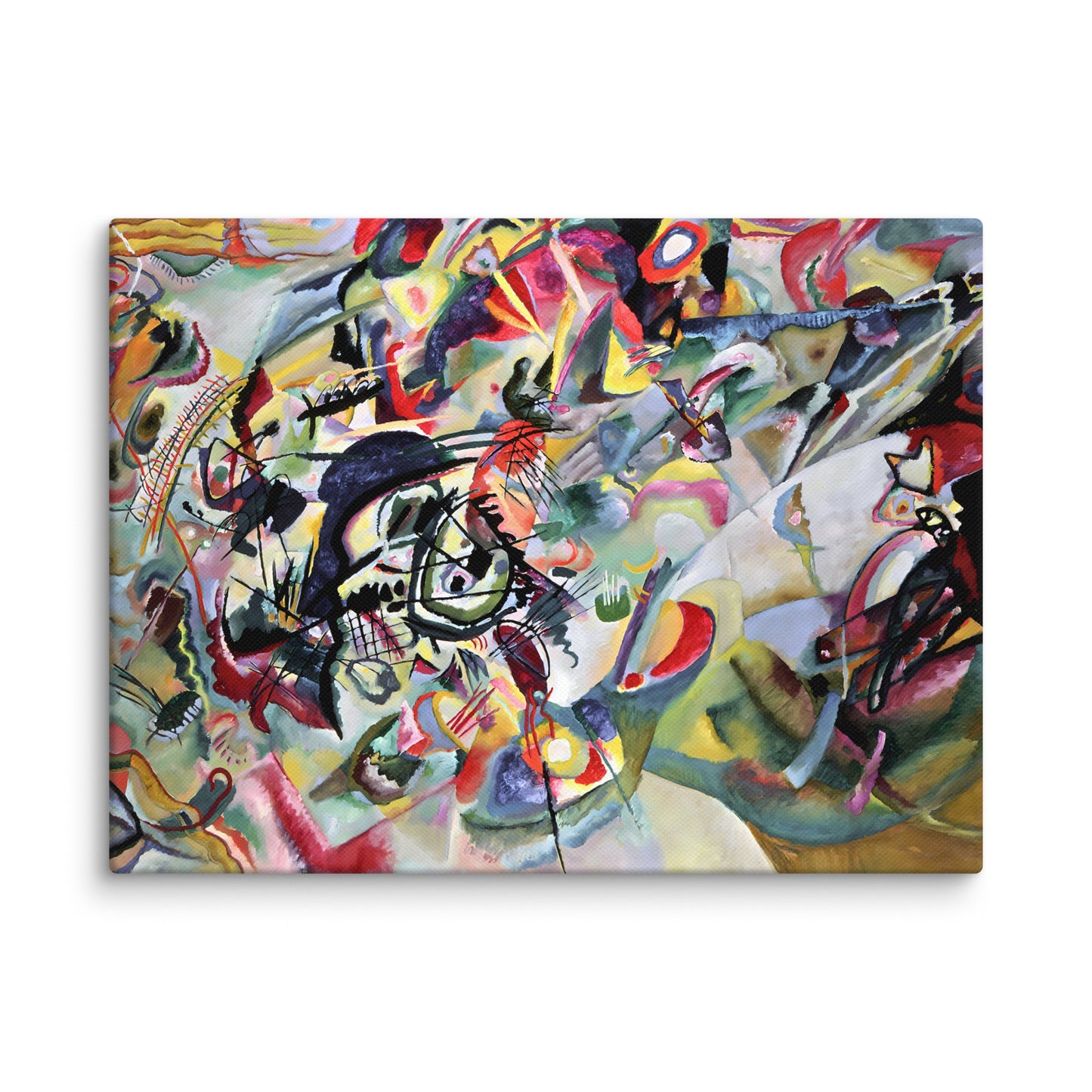 wassily kandinsky composition 7 toile abstraite zoom texture grain visible couleurs vives rouges jaunes verts tourbillon