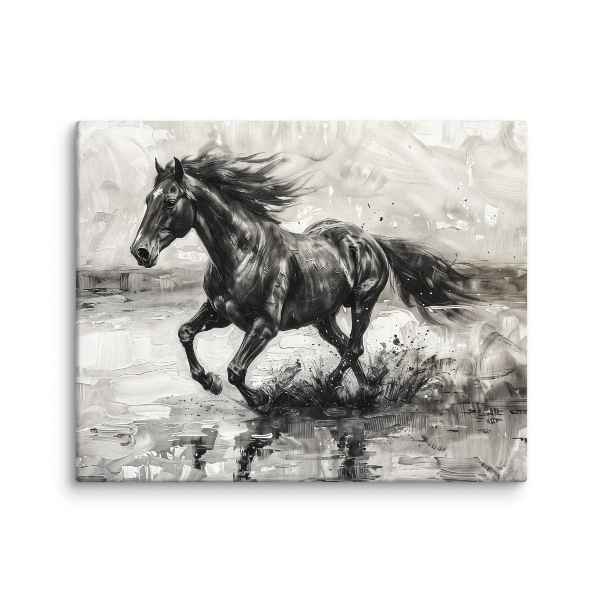 Tableau Cheval Noir et Blanc en Mouvement  Art Virtuoso M