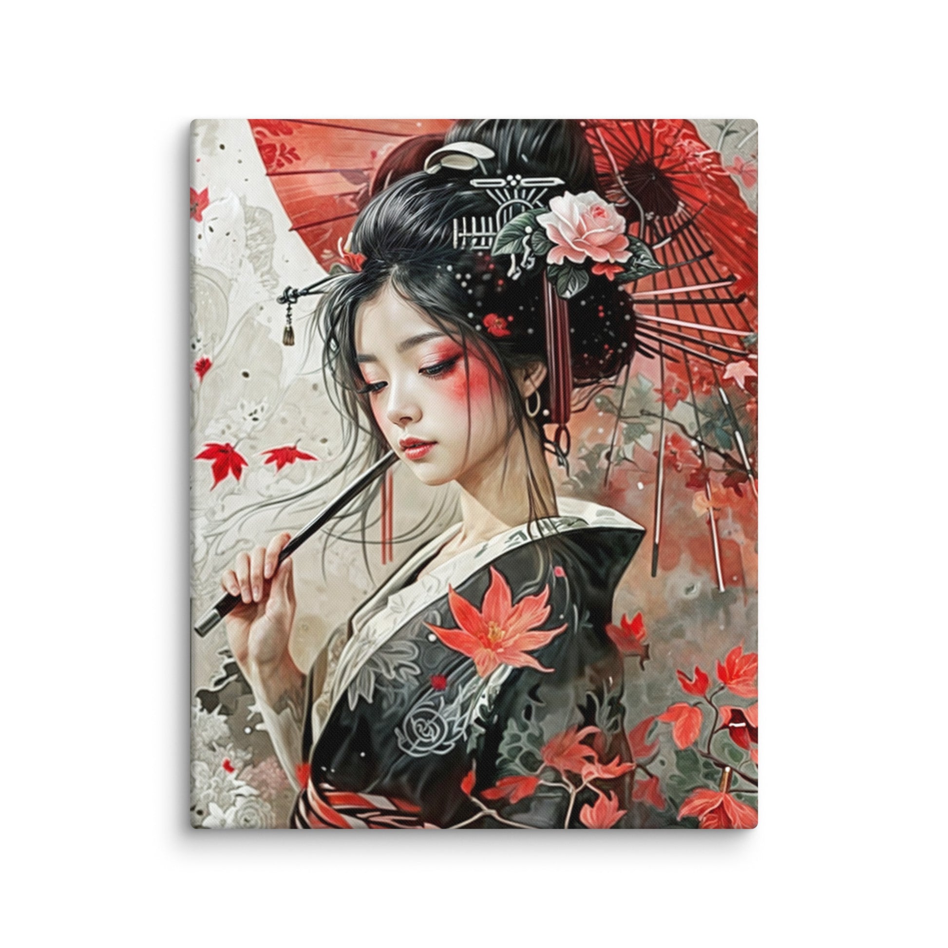 jardin japonais toile geisha ombrelle rouge kimono noir feuilles erable fleurs détail zoom texture premium