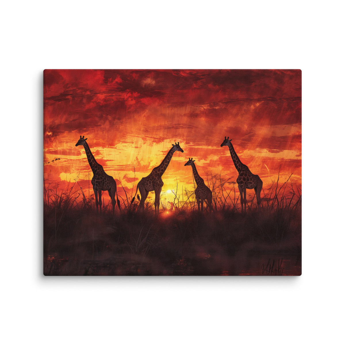 Canvas print of four giraffes before a yellow sun and red-orange sky, front view of the glowing sky
