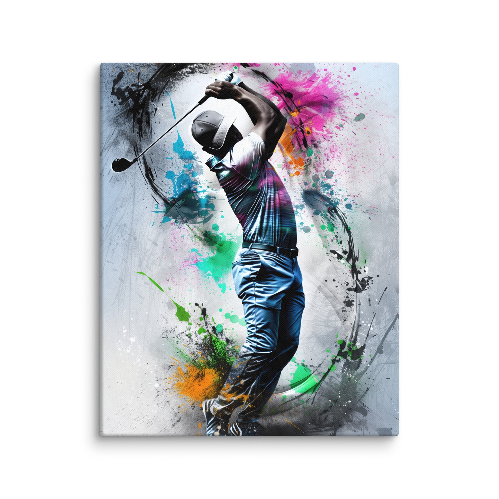 golf toile moderne colorée détail texture toile golfeur plein swing éclaboussures rose vert orange bleu