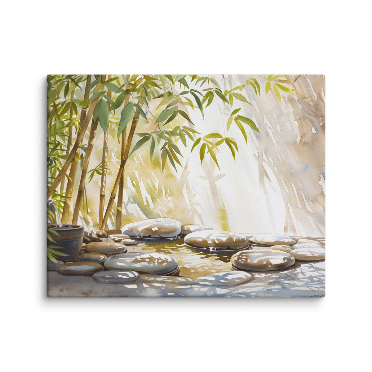 Medium M bamboo canvas with green leaves and pale pebbles