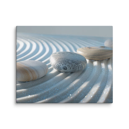 photo tableau zen minimaliste blanc gros plan galets sur sable ondulé détail texture toile premium