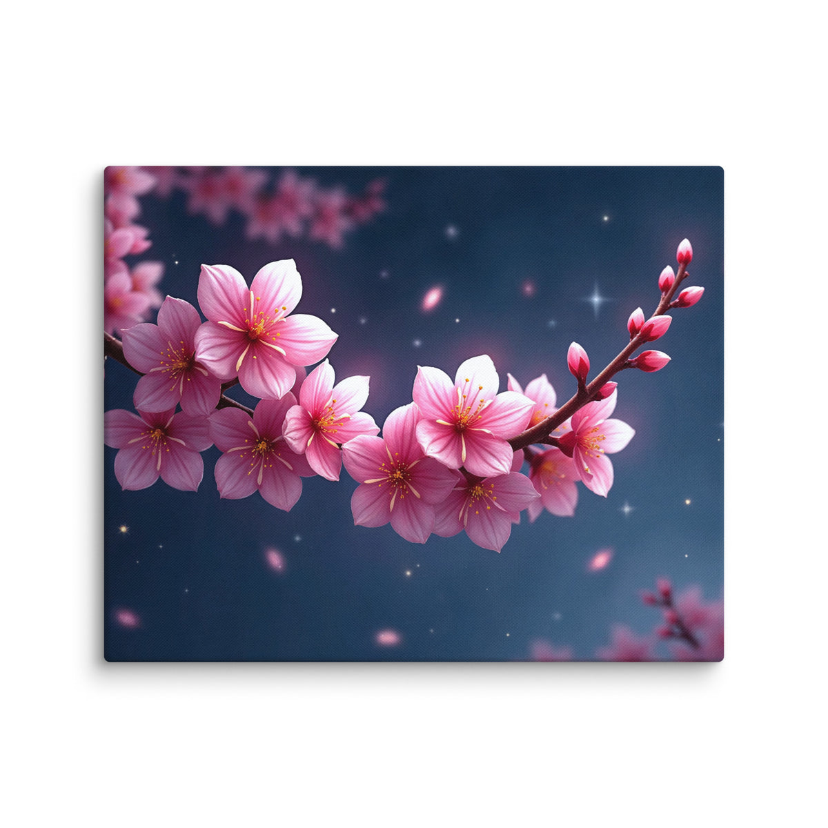 Canvas print of a pink flowering branch on a night-blue background, shown alone with petals and small points of light