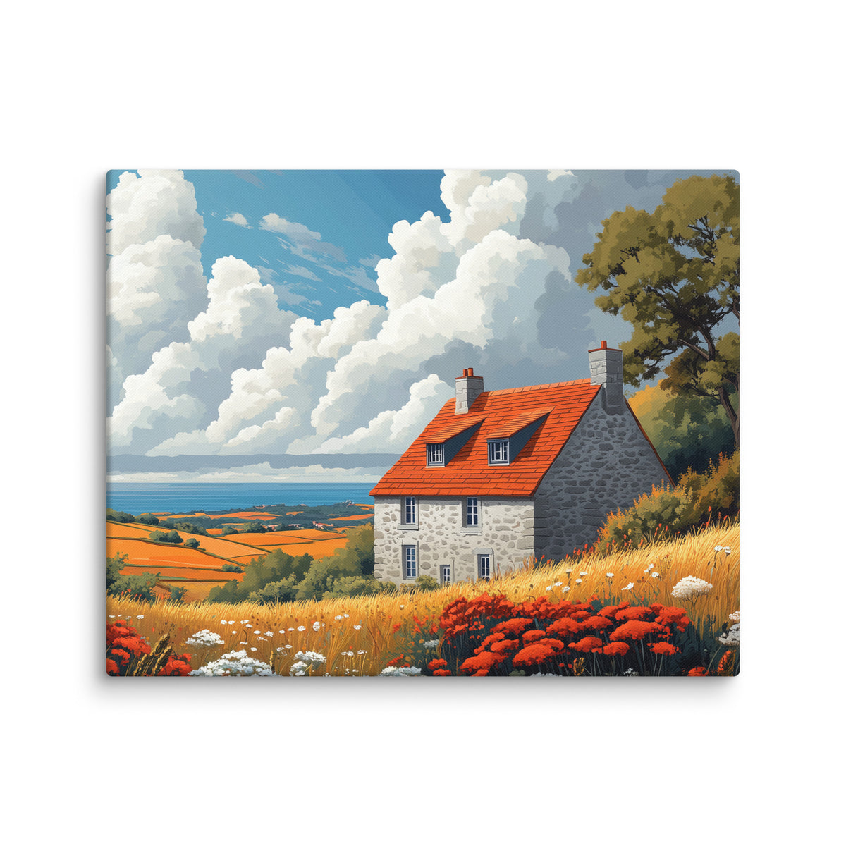 Paysage côtier avec maison et coquelicots au format M