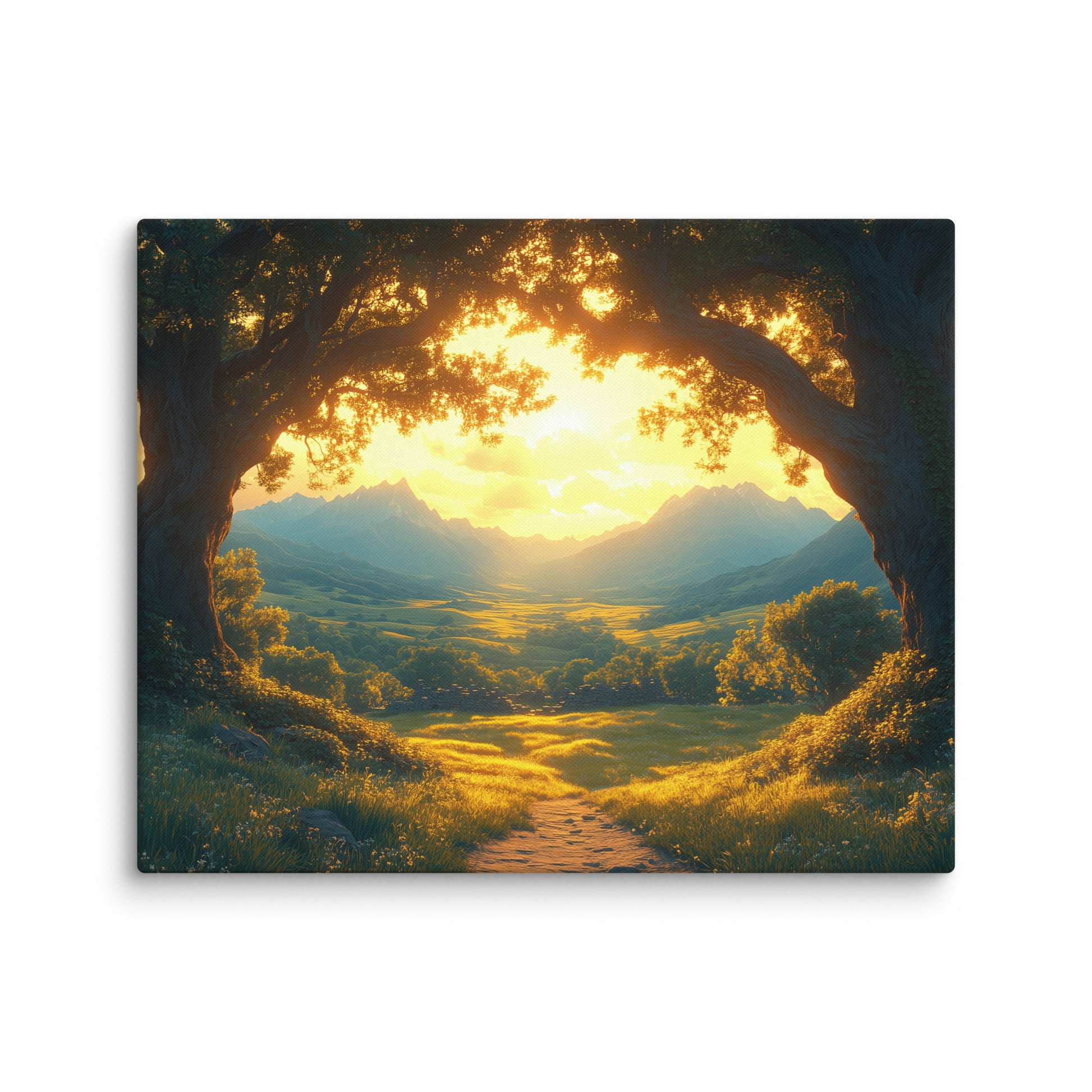 Toile horizontale format M montrant une vallée dorée sous une arche végétale