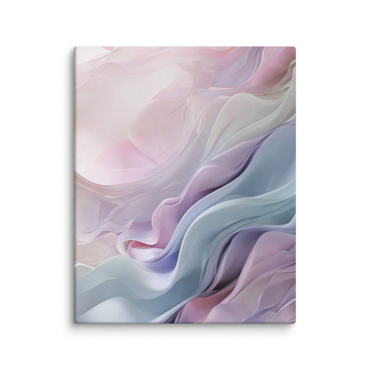 Toile verticale aux ondulations roses, lilas et bleu-gris, vue frontale du motif imprimé