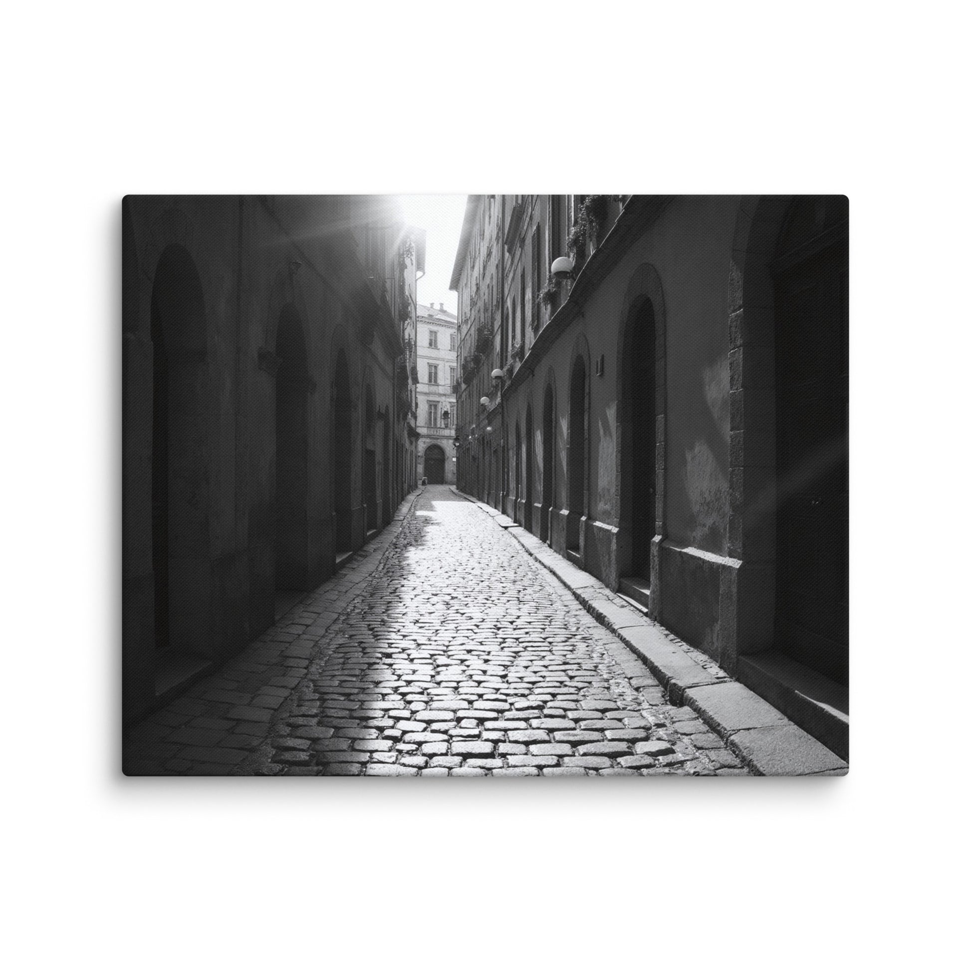 photo toile noir et blanc ruelle pavée parisienne mockup détail texture toile premium