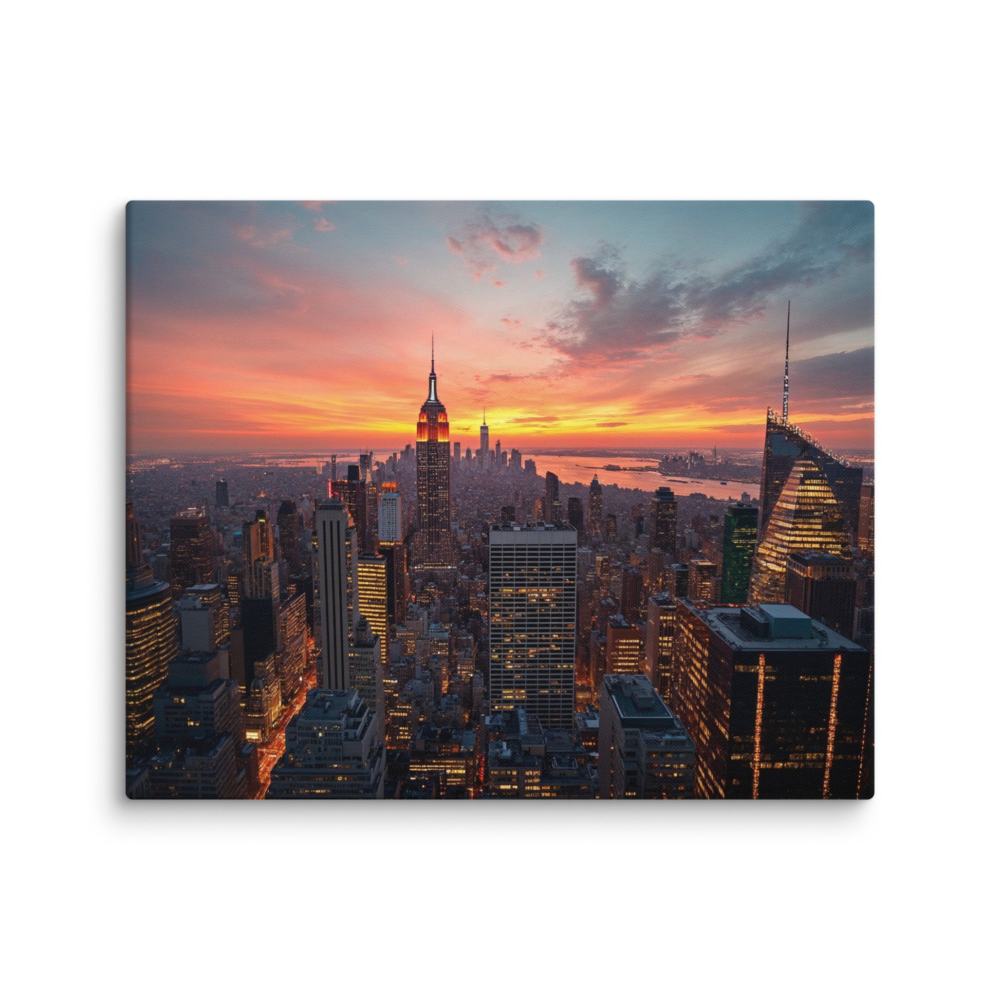 tableau manhattan crépuscule empire state centré ciel corail ambre mockup détail texture toile premium