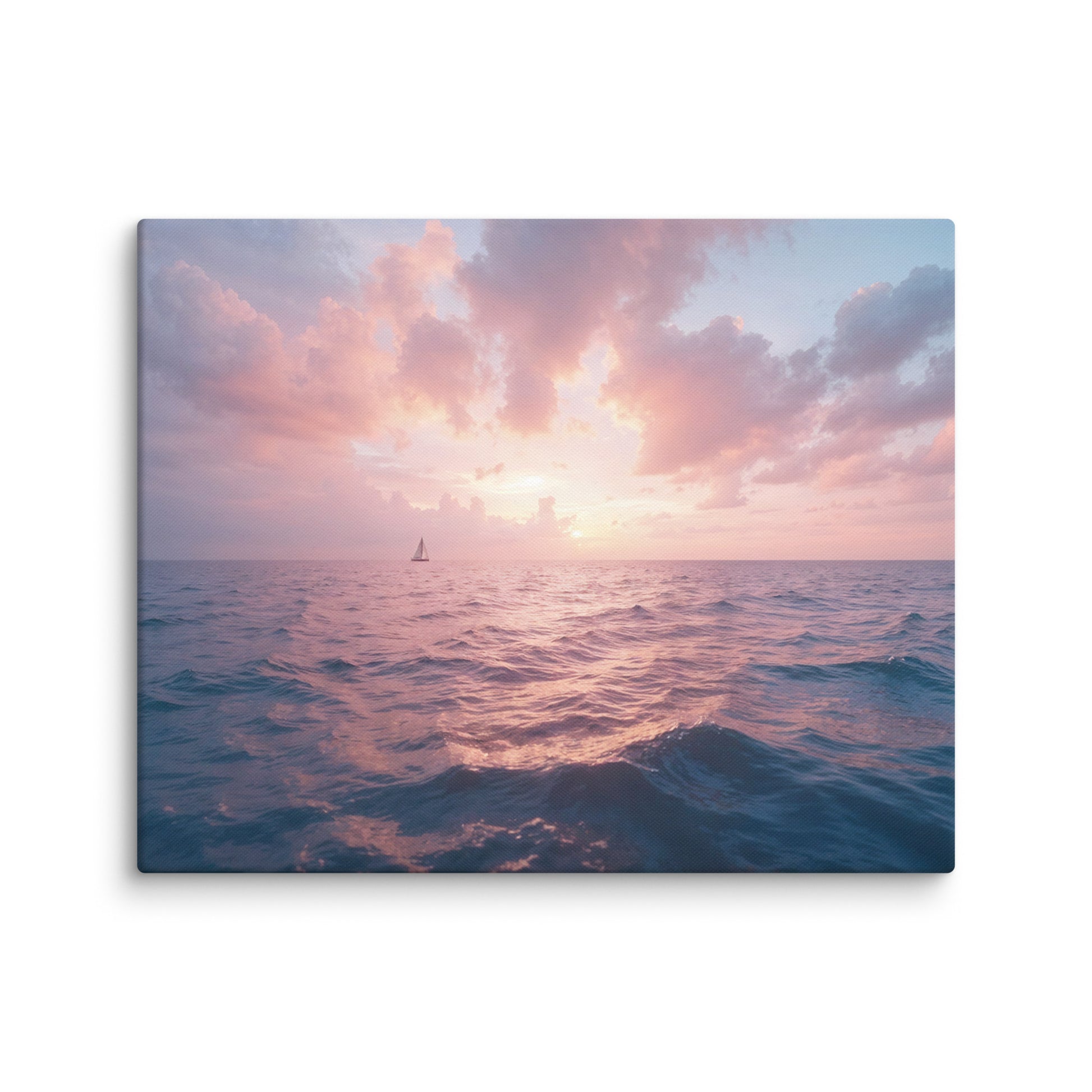 photo toile mer coucher de soleil rose et bleu voilier solitaire horizon mockup détail texture