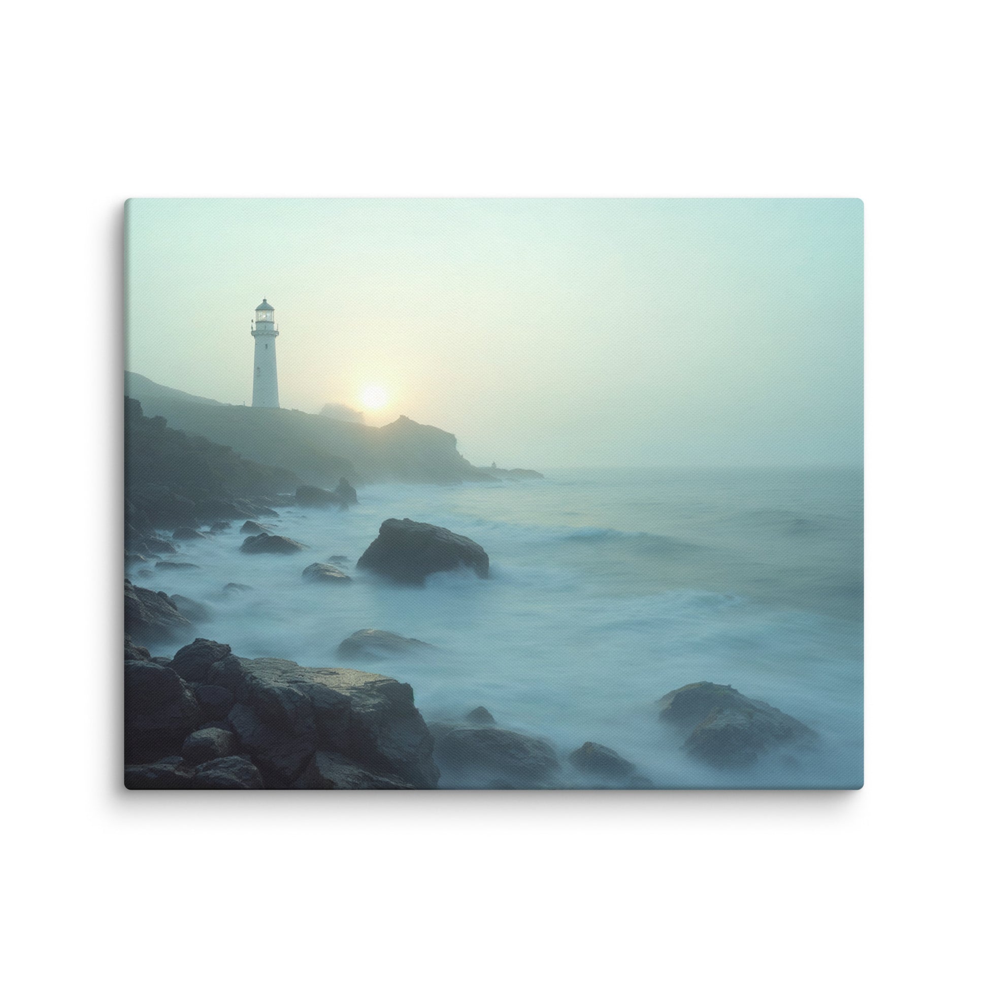 boulogne sur mer tableau photographie aube brume phare blanc falaises bleu mockup zoom détail texture toile premium