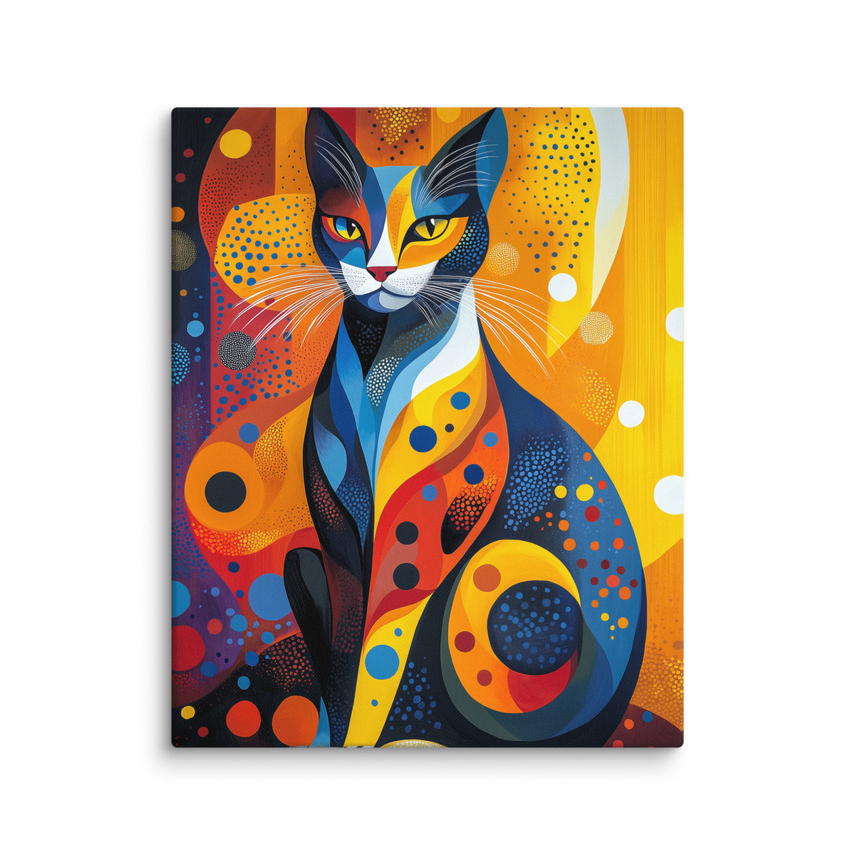 Blue and black cat portrait with orange concentric circles